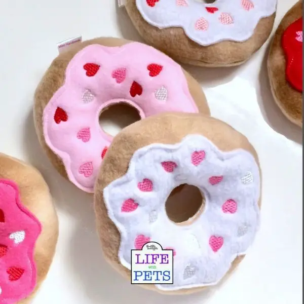 Squeaky donut toy with cute embroidered hearts £13.07 from misohandmade